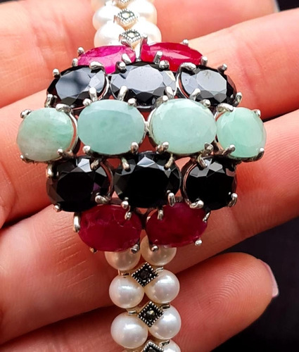 Pfh2-pulseira Prata 925 Rubi Esmeralda Ônix Pérola Natural