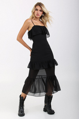 Vestido Midi Babados Preto Labrava