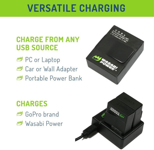 Imagen 2 de 5 de Cargador Dual Wasabi Incluye 2 Pilas Para Go Pro 3 Cable Usb