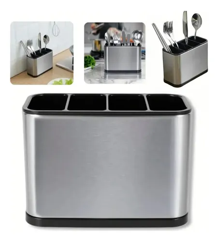 Porta Talheres Escorredor Organizador Aço Inox 4 Divisórias Prateado