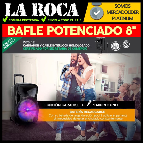 Bafle Potenciado 8 3000w Bluetooth Usb Sd Bateria Luces Led
