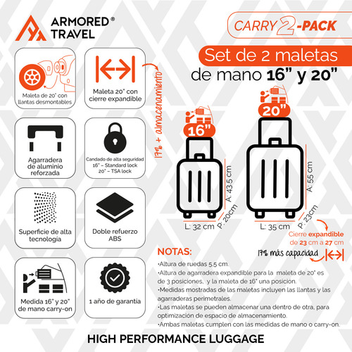 Maletas De Viaje Carry-on De Mano Cabina 10kg 20 + 16p Rígida Set De Viaje 2 Pack Nitro Negra Abs Doble Calibre Con Cierre Expandible, Llantas Desmontables Y Candado Seguridad Tsa Lock Armored Travel