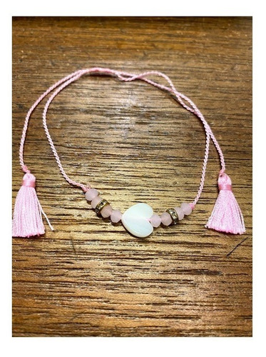 Pulsera O Tobillera Luli Seda Nacar Corazon Cristal Rosa