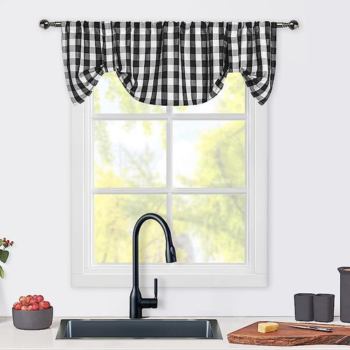 Cortinas Cenefa Bufalo En Blanco Y Negro Con Diseño Cuadros