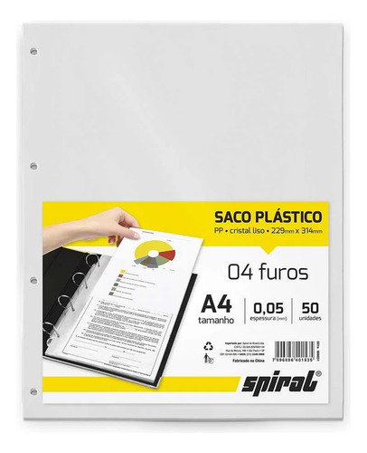 Saco Plástico Pp A4 4 Furos 0,05mm Spiral 50 Un