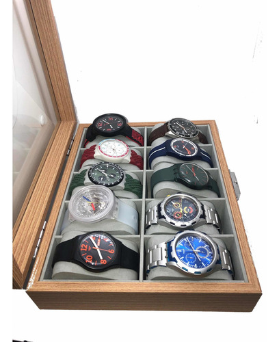 Imagen 1 de 7 de Caja En Madera Clara Para Organizar 10 Relojes Con Almohadas