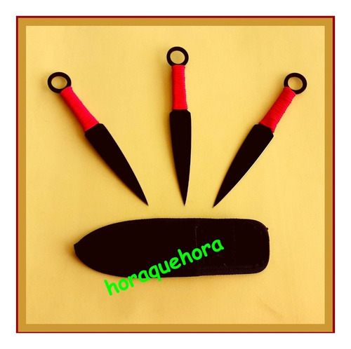 Set X 3 Cuchillos Lanzar 17 Cm - Kunai Mango Rojo + Estuche