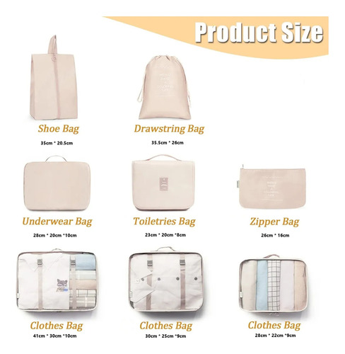 Set 8 Piezas Organizador De Valija Neceser Viaje Bolso Avion Beige