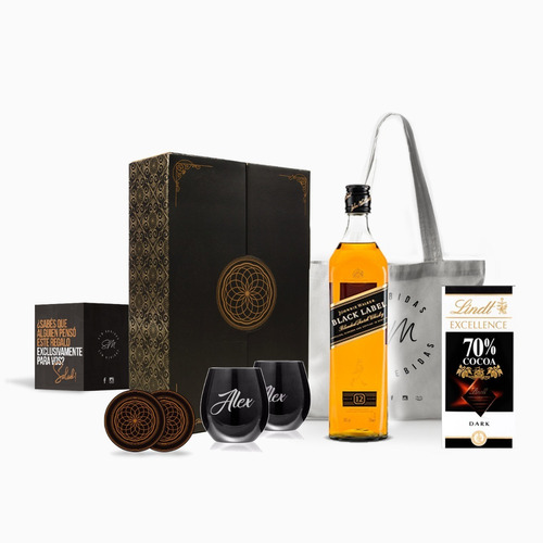 Box Whisky Black Label Vasos Negros Grabados Chocolates Kit