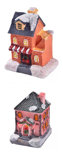 2pcs Lighted House Statues Ornaments Light Snow Village