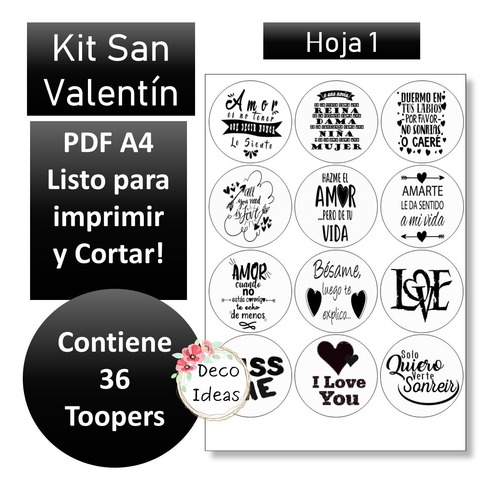 Imagen 2 de 5 de Kit 01 Imprimible Blanco Negro San Valentín Toppers Stikers
