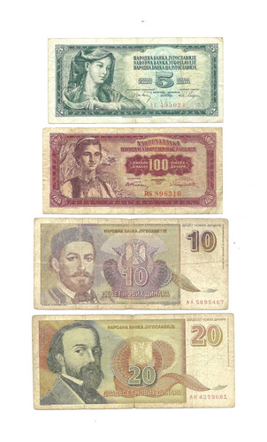 4 Billetes Yugoslavia 5-10-20- 100 Dinara