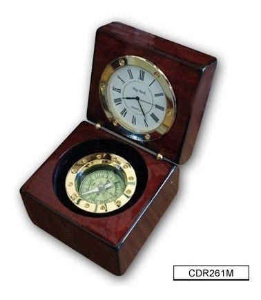 Brujula Nautica Con Reloj Caja De Madera Cdr261m 70x70mm Ø40