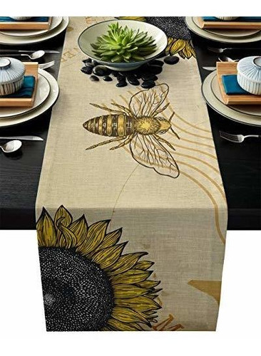 Cotton Linens Table Runner Dresser Vintage Sunflower Bee Rec