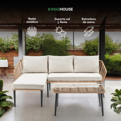 Juego De Sala L Mimbre Ratán Sofá Seccional 3pzs Para Exterior Jardín Con Cojines Y Mesa Muebles De Patio Al Aire Libre Para Terraza Balcón Kingshouse