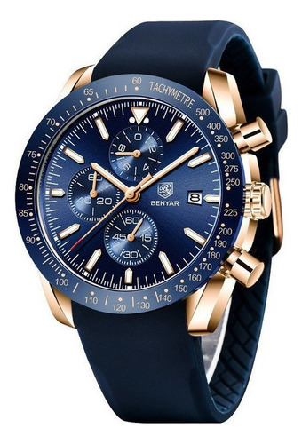 Reloj de pulsera genérico, analógico-digital, para hombre, fondo azul, con correa de piel azul, bisel dorado y hebilla sencilla