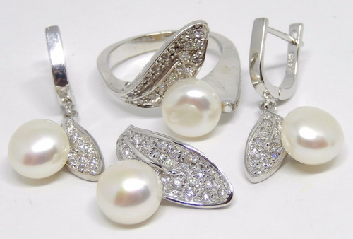 Conjunto Brincos Anel E Pingente Pérolas Em Prata 925