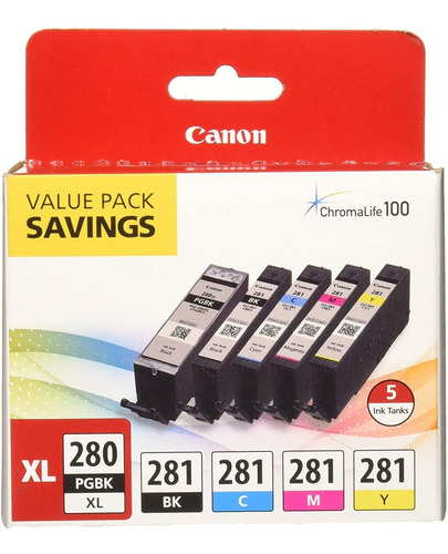 Canon PGI 280XL/CLI-281 Cartuchos de Tinta en Paquete de 5 colores Compatibles con las Series TR8520, TR7520, TS9120, TS8120, TS6120