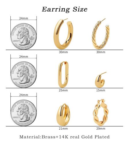 Paquete Para Regalar 9 Pares De Aretes Aro 14k Gruesos Dama