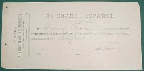 Antiguo Recibo Diario Correo Español Buenos Aires Año 1899