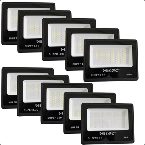 Kit 10 Super Refletor Led Hitec Forte Ip66 A Prova D'água Carcaça Preto Luz Branco-frio 127/220v