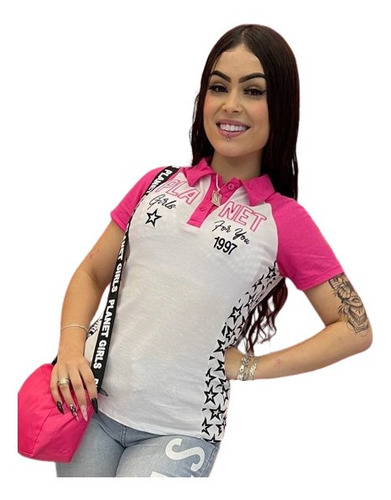Camiseta Polo Piquet Planet Girls Estrelas Reduz Cintura