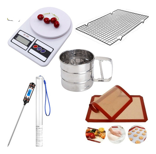 Kit Reposteria Rejilla Enfriadora Chocolate Tortas + Termometro Digital Alimentos Comida + Balanza Digital 10kg Tara + Tamizador A Gatillo Harinas Reposteria + 1 Tapete Antiadherente Para Horno Placa