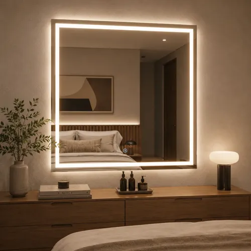 Espelho Quadrado 70x70 Com Led 3 Cores Touch Bivolt Jateado