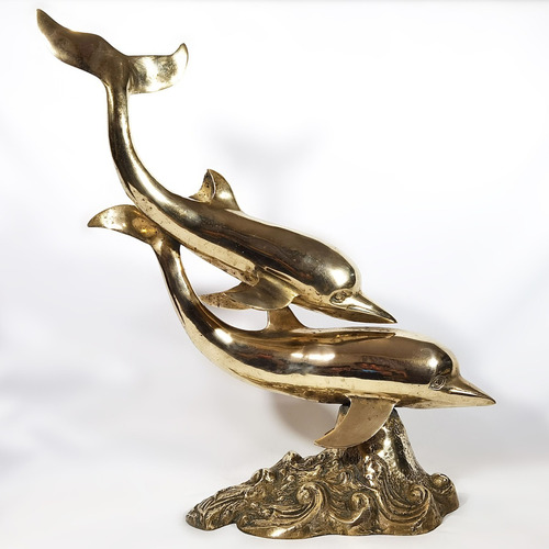 Antigua Escultura Delfines Bronce Grande Vintage 70s, 3.8 Kg