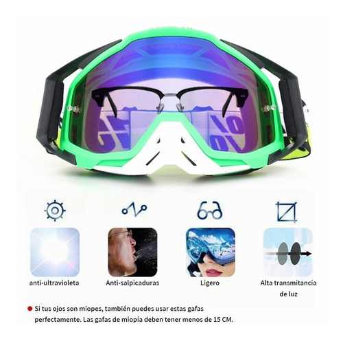 Gafas De Snowboard Motocross Esquí Moto Goggle Protección Uv Lente Azul Claro Armazón Verde