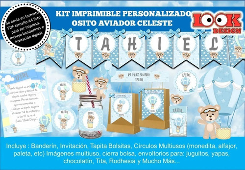 Kit Imprimible Candybar Osito Aviador Celeste Personalizado