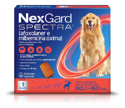 NexGard Spectra Antipulgas e Vermífugo Cães 30,1kg a 60kg 1 tablete