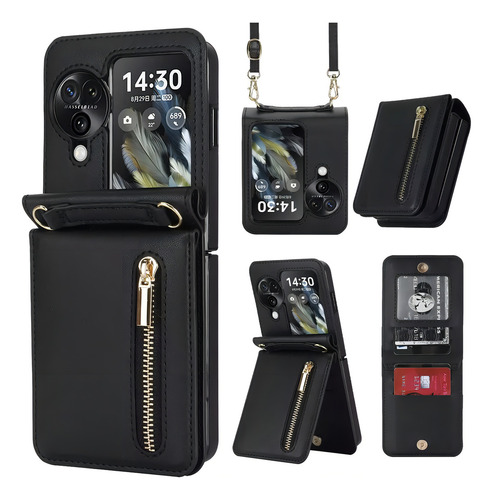 Funda De Piel Tipo Cartera Con Cremallera Cruzada Para Oppo Color Negro Oppo Find N3 Flip