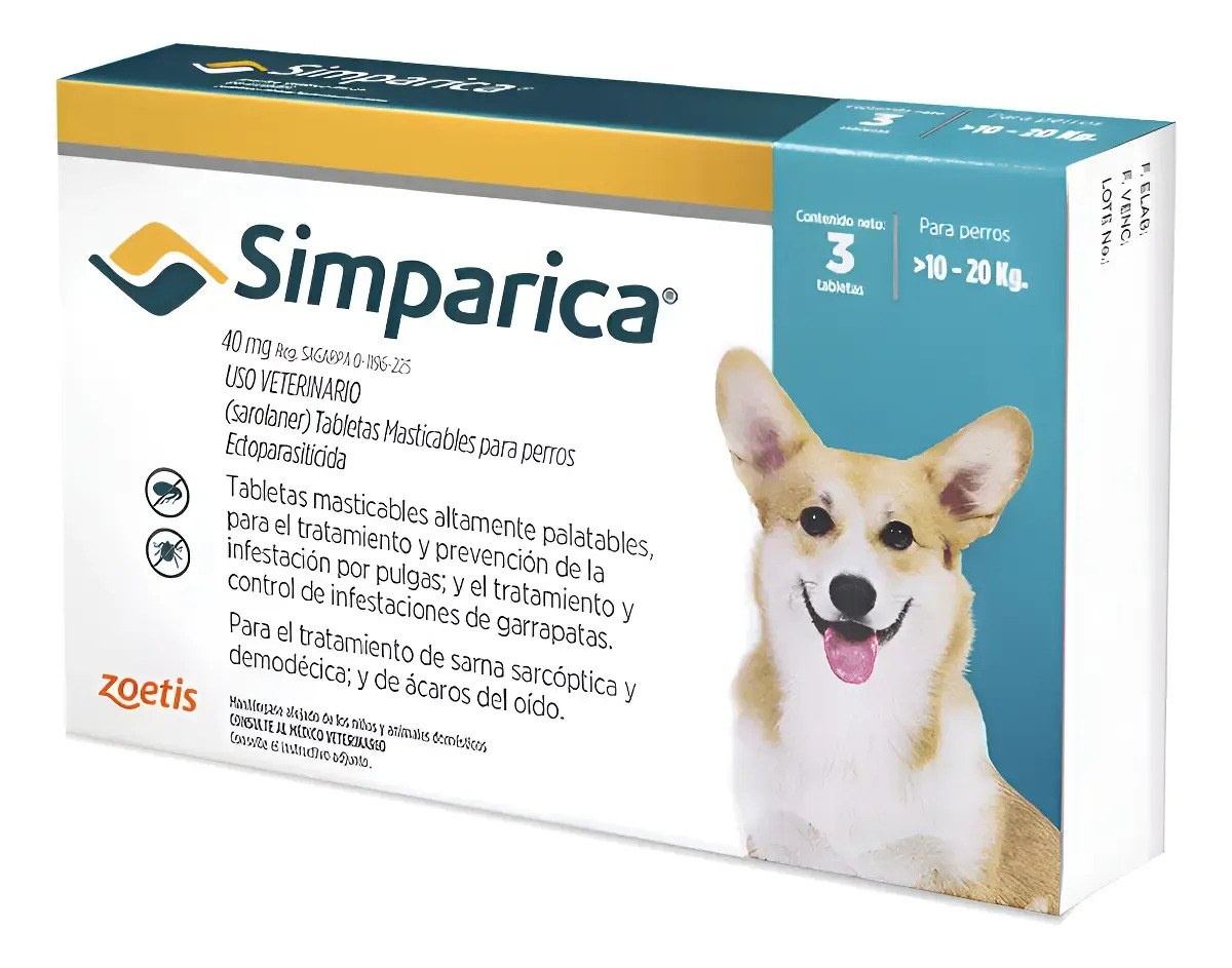 Simparica 40 Mg (10 A 20 Kg) X 3 Tabletas Azul