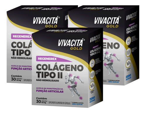 Kit 3x Colágeno Tipo Ii 2 Regenerex Vivacita Gold 30cápsulas