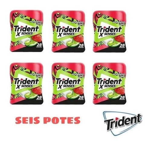 6 Potes Trident Garrafa Xsenses Morango Lime Goma Mascar 54g