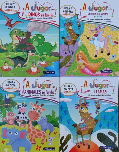 4 Libros P/ Pintar A Jugar Animales Unicornios Dinos Beascoa