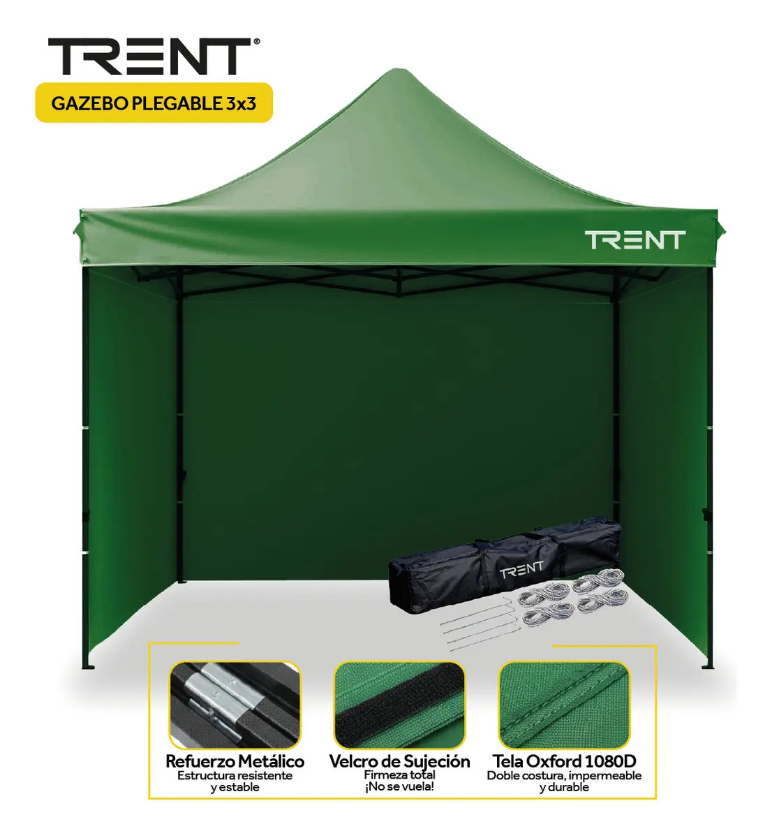 Gazebo Autoarmable Plegable Trent Reforzado 3x3 Metros Exterior Con Paredes Verde