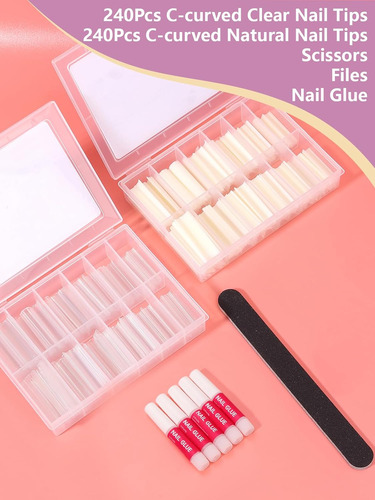480 Puntas De Uñas Y Pegamento Extra Largos En Forma De C, 2