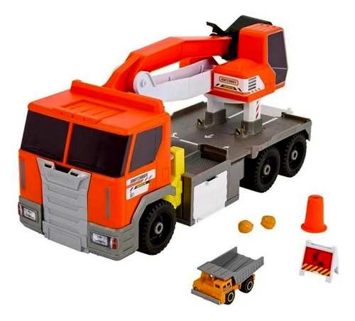 Conjunto Brinquedo Veículo Grande Caminhão Guindaste Terrestre Menino Matchbox - Aberto Se Transforma Em Estação De Escavação - Produzido Em Bioplástico Sustentável - Mattel Brinquedos