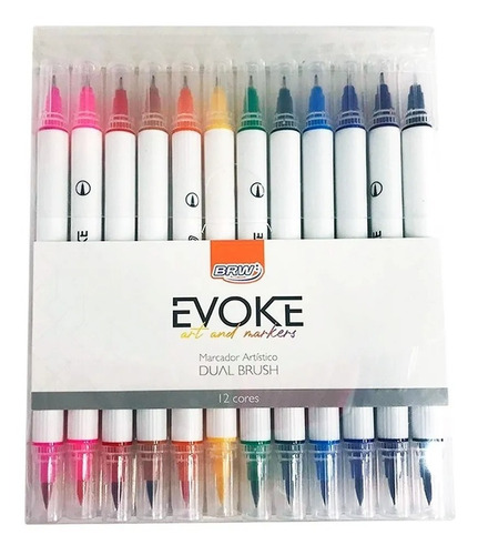 Caneta Pincel Brush Pen Evoke 12 Cores 2 Pontas Fineliner 