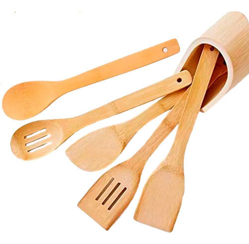 Set X4 Utensillos Madera Bambu Cuchara Espatula Oferta