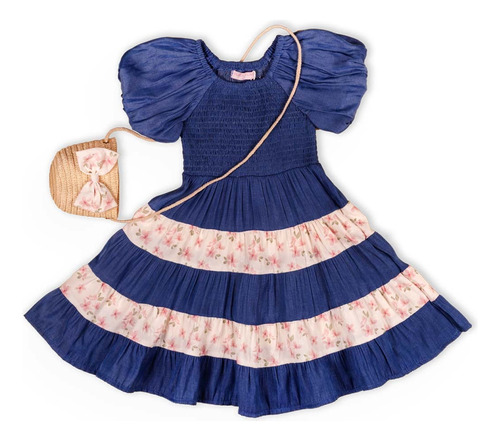 Vestido Floreado Con Pecho Plisado Con Mangas Para Niña 