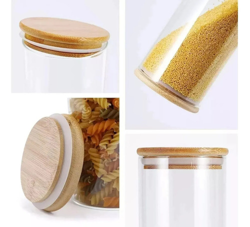 X6 Frascos Vidrio Hermético Contenedor Tapa Bambu 750ml Taper Alacena 18cm X 10cm Color Transparente