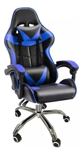 Silla Gamer Azul Oficina Gaming Escritorio Youtuber Melshop Sillon Comodo Regulable Soporte Lumbar Cojin Apoyabrazos Ruedita Ergonomica Giratoria Reclinable Apoya Cabeza Tapizado Eco Cuero