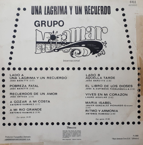 Grupo Miramar - Una Lagrima Y Un Recuerdo Lp