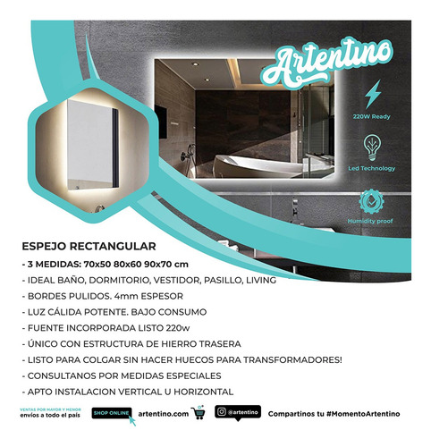 Lampara Luz Led Pared Espejo Baño 100x80 Rectangular Moderno