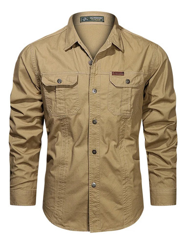 Camisa Militar De Manga Larga Con MĂșltiples Bolsillos Camisa