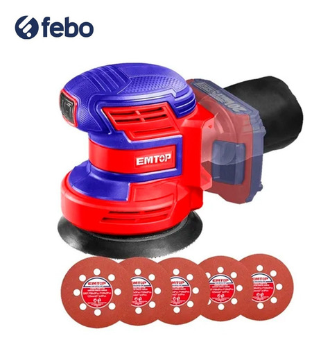 Lijadora Roto Orbital Inalámbrica 20v Emtop + 5 Lijas Febo