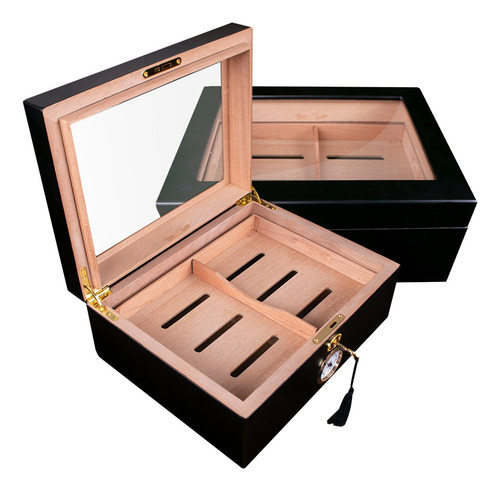 Humidor De Madera Negro Con Tapa De Cristal Para 40 Puros